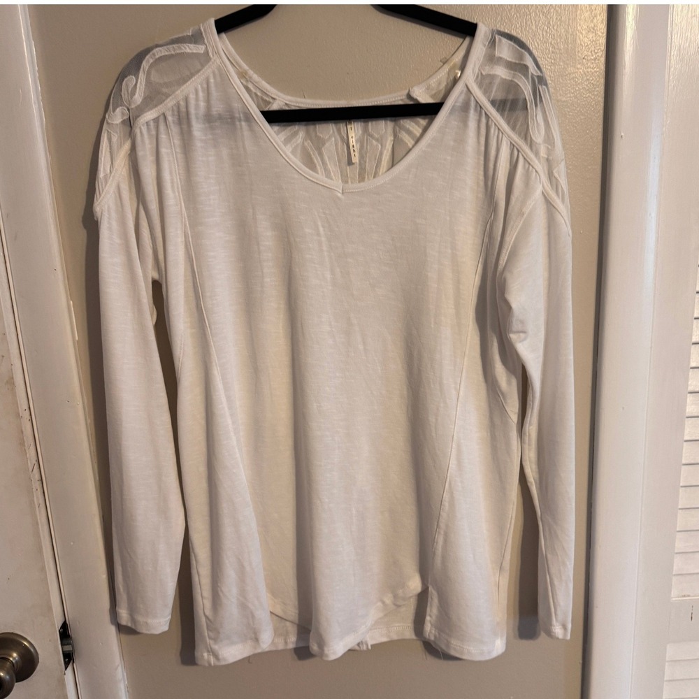 Nine 1 Eight Womens Sheer Panel Back L/S White Basic‎ Tee SZ S